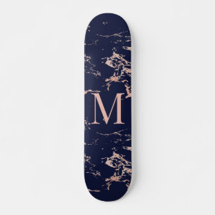 Girly Navy Blue Marble Roos Gold Foil Monogram Persoonlijk Skateboard