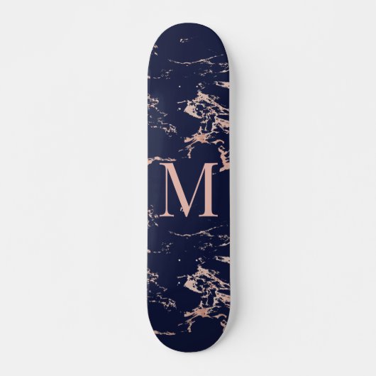 Girly Navy Blue Marble Roos Gold Foil Monogram Persoonlijk Skateboard (Voorkant)