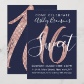 Girly Navy Blue Roos Gold Sequin Glitter Sweet 16 Kaart (Voorkant / Achterkant)