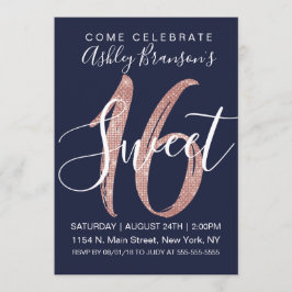 Girly Navy Blue Roos Gold Sequin Glitter Sweet 16 Kaart