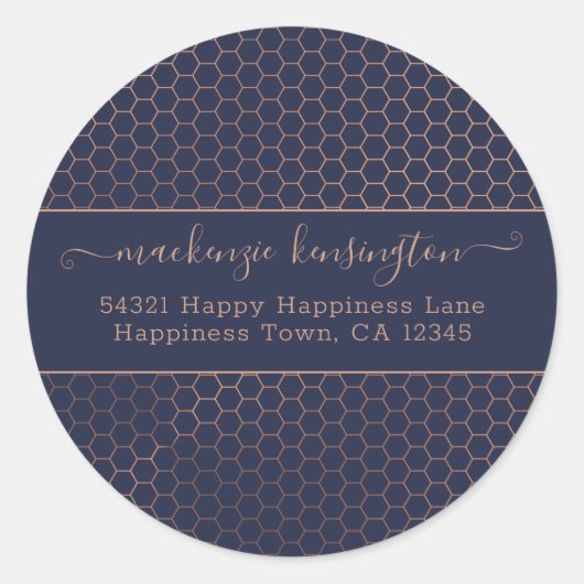 Girly Navy en Roos Gold Foil Hexagon Adres Clas Ronde Sticker (Voorkant)
