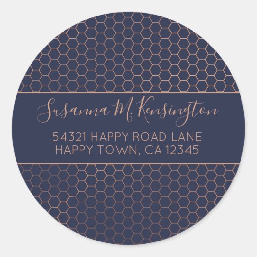 Girly Navy en Roos Gold Foil Hexagon Adres Ronde Sticker (Voorkant)