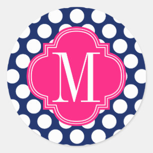 Girly Navy & Pink Big Stippen Monogrammed Ronde Sticker