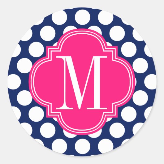 Girly Navy & Pink Big Stippen Monogrammed Ronde Sticker (Voorkant)