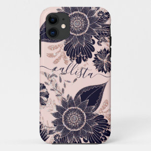Girly Navy Roos Gold Glitter Floral Illustrations Case-Mate iPhone Case