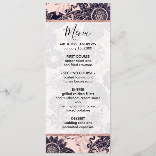 Girly Navy Roos Gold Glitter Floral Illustrations Menu (Voorkant)