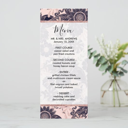 Girly Navy Roos Gold Glitter Floral Illustrations Menu (Staand voorkant)