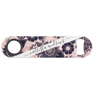 Girly Navy Roos Gold Glitter Floral Illustrations Speed Flessenopener