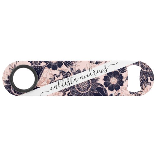 Girly Navy Roos Gold Glitter Floral Illustrations Speed Flessenopener (Voorkant (Horizontaal))