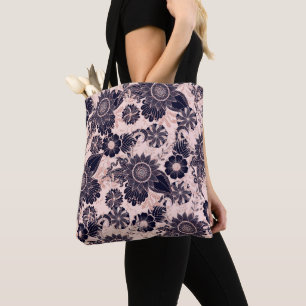 Girly Navy Roos Gold Glitter Floral Illustrations Tote Bag