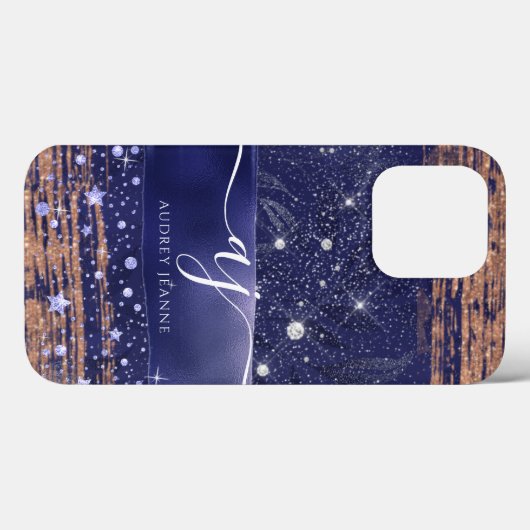 Girly Navy Roos Gold Glitter Stars Foliage Script  Case-Mate iPhone Case (Achterkant (horizontaal))