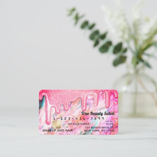 Girly Neon Coral Pearl Opal Glitter Drips Credit Visitekaartje (Staand voorkant)