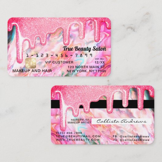 Girly Neon Coral Pearl Opal Glitter Drips Credit Visitekaartje (Voorkant / Achterkant)