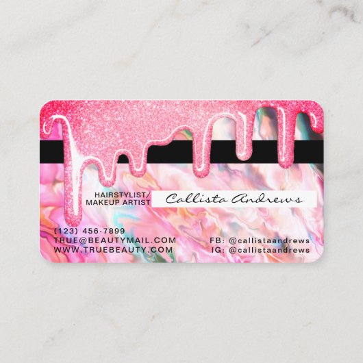 Girly Neon Coral Pearl Opal Glitter Drips Credit Visitekaartje (Achterkant)