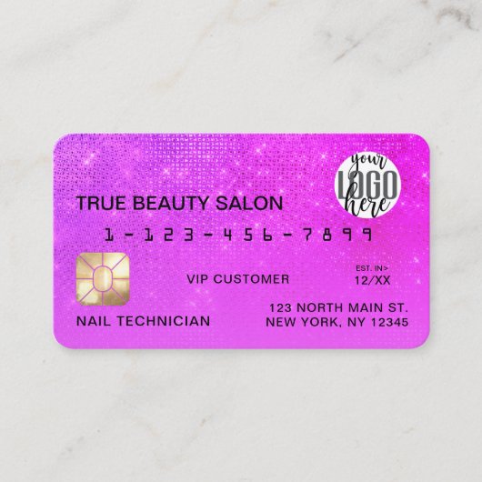 Girly Neon Magenta Sequin Glitter-creditcard Logo Visitekaartje (Voorkant)