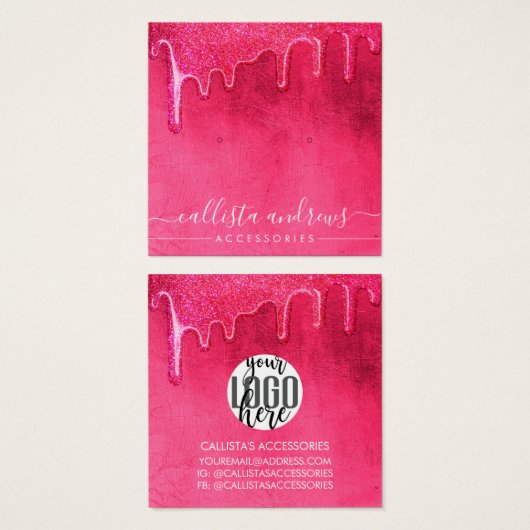Girly Neon Pink Thick Glitter Drift Verdien Logo Vierkante Visitekaartjes (Voorkant /achterkant)