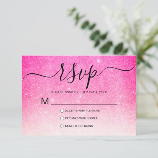 Girly Neon Pink White Glitter Ombre RSVP Kaartje (Staand voorkant)