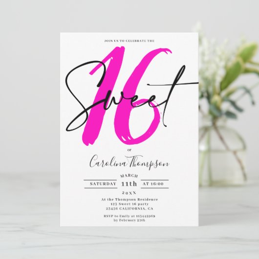 Girly neon roze rand script foto Sweet 16 Kaart (Staand voorkant)