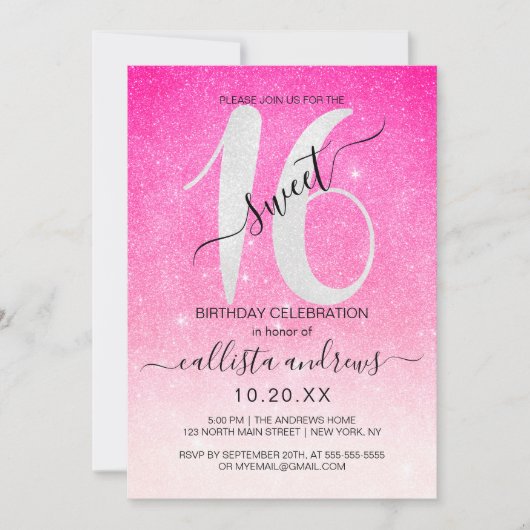 Girly Neon Roze Witte Glitter Ombre Sweet 16 Kaart (Voorkant)