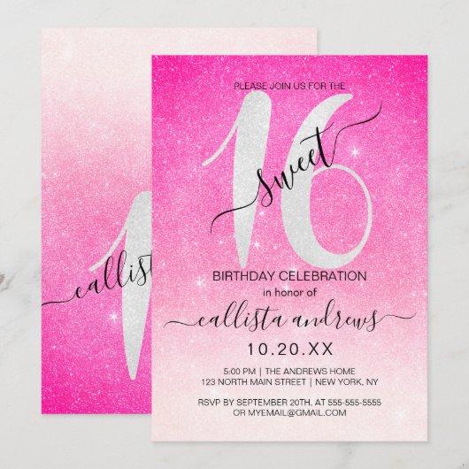 Girly Neon Roze Witte Glitter Ombre Sweet 16 Kaart (Voorkant / Achterkant)