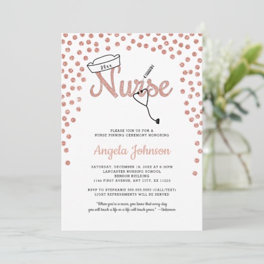 Girly Nurse pinning ceremonie + roos glitter uitno Kaart (Staand voorkant)