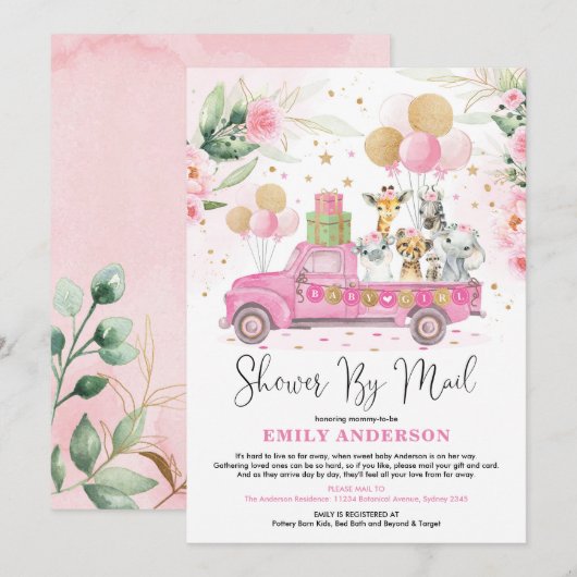 Girly Oerwoud Safari Animals Baby shower per post Kaart (Voorkant / Achterkant)