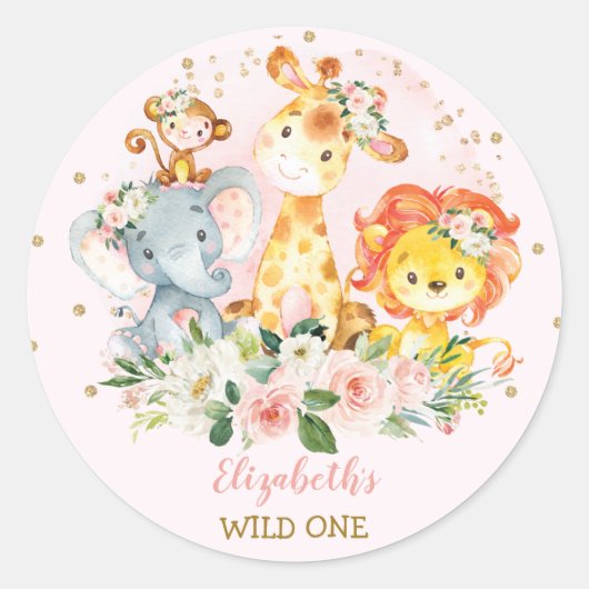 Girly Oerwoud Safari Dieren Wild Een Baby shower Ronde Sticker (Voorkant)