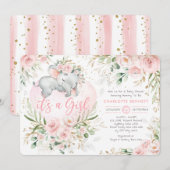 Girly Olifant Roze Blush Gold Flowers Baby shower Kaart (Voorkant / Achterkant)
