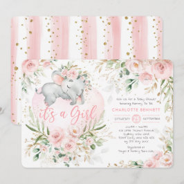Girly Olifant Roze Blush Gold Flowers Baby shower Kaart