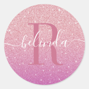 Girly Ombre Pink Paarse Glitter Monogram Naam Ronde Sticker