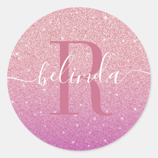Girly Ombre Pink Paarse Glitter Monogram Naam Ronde Sticker (Voorkant)