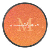Girly Orange Glitter Sparkles Monogram Script Name Hockey Puck (Voorkant)