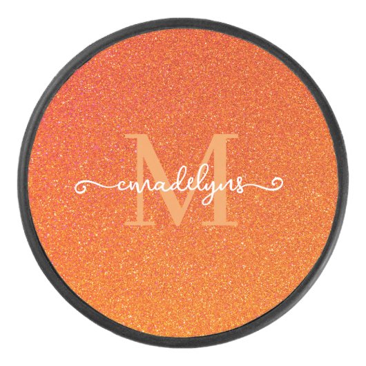 Girly Orange Glitter Sparkles Monogram Script Name Hockey Puck (Voorkant)