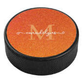 Girly Orange Glitter Sparkles Monogram Script Name Hockey Puck (3/4)