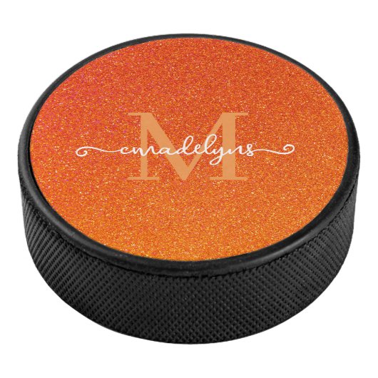 Girly Orange Glitter Sparkles Monogram Script Name Hockey Puck (3/4)