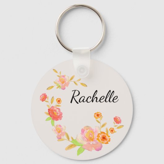 Girly Orange & Pink Floral Monogrammed Sleutelhanger (Voorkant)