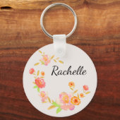 Girly Orange & Pink Floral Monogrammed Sleutelhanger (Voorkant)
