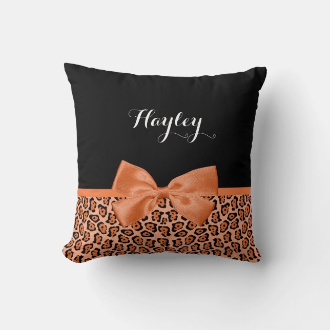 Girly Oranje Black Jaguar Cute Ribbon met naam Kussen (Voorkant)