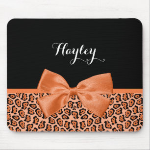 Girly Oranje Black Jaguar Cute Ribbon met naam Muismat