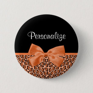 Girly Oranje Black Jaguar Cute Ribbon met naam Ronde Button 5,7 Cm