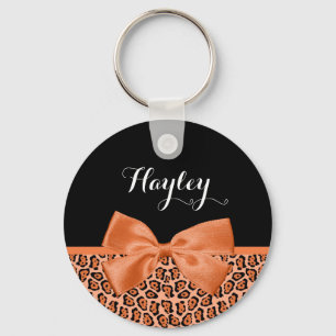 Girly Oranje Black Jaguar Cute Ribbon met naam Sleutelhanger