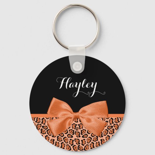 Girly Oranje Black Jaguar Cute Ribbon met naam Sleutelhanger (Voorkant)