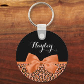 Girly Oranje Black Jaguar Cute Ribbon met naam Sleutelhanger (Voorkant)