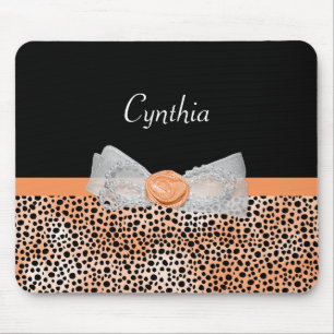 Girly Oranje Cheetah Print Cute Roos Bow and Name Muismat