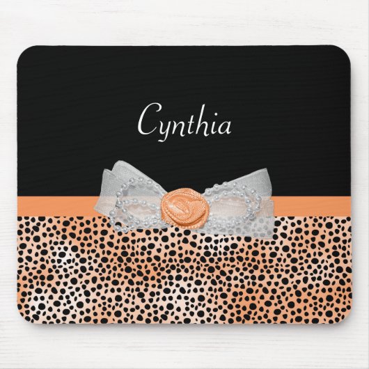 Girly Oranje Cheetah Print Cute Roos Bow and Name Muismat (Voorkant)