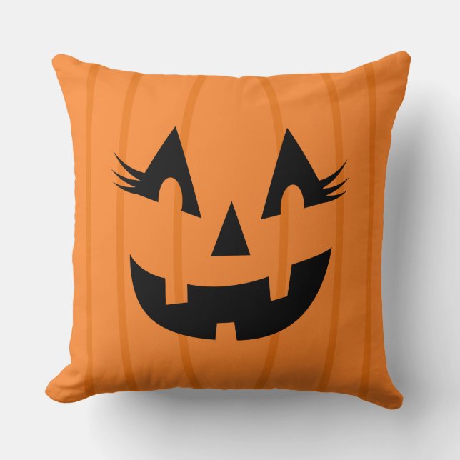 Girly Oranje Jack O Lantern Pumpkin Face Halloween Kussen (Voorkant)