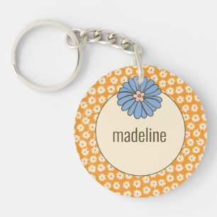 Girly Oranje Retro Bloempatroon Sleutelhanger