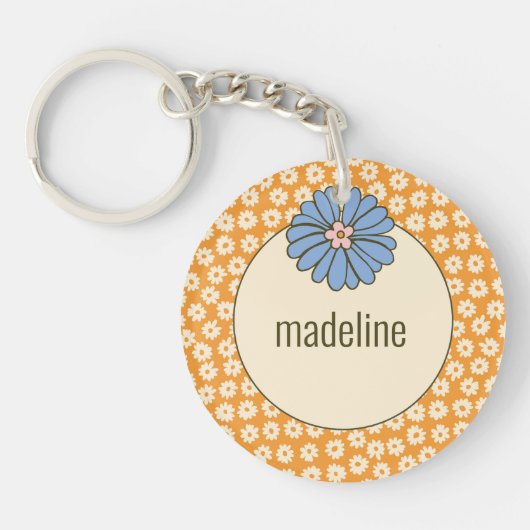 Girly Oranje Retro Bloempatroon Sleutelhanger (Voorkant)