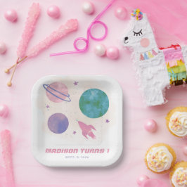 Girly Outer Space Waterverf Planet 1e verjaardag Papieren Bordje