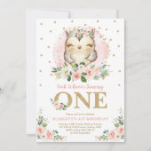 Girly Owl Blush Roze Bloemen 1e Verjaardagsfeest Kaart (Voorkant)